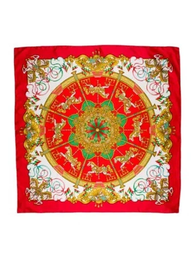Pre-owned Hermes Luna Park Jacquard Silk Scarf In Red