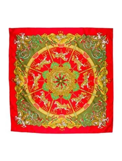 Pre-owned Hermes Luna Park Jacquard Silk Scarf In Red