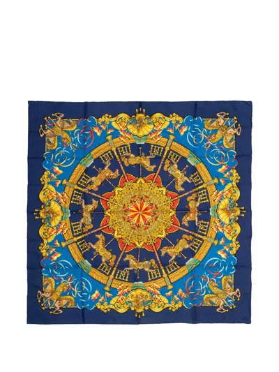 Pre-owned Hermes Luna Printed Silk Scarf In Blue