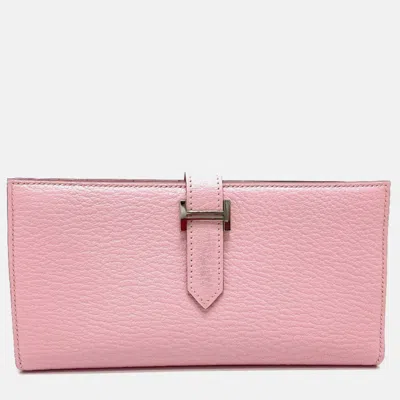 Pre-owned Hermes Machi Has Pink Cherry Rose Long Wallet