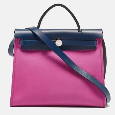 Pre-owned Hermes Magnolia/bleu Saphir Toile And Vache Hunter Herbag Zip 31 Bag In Pink