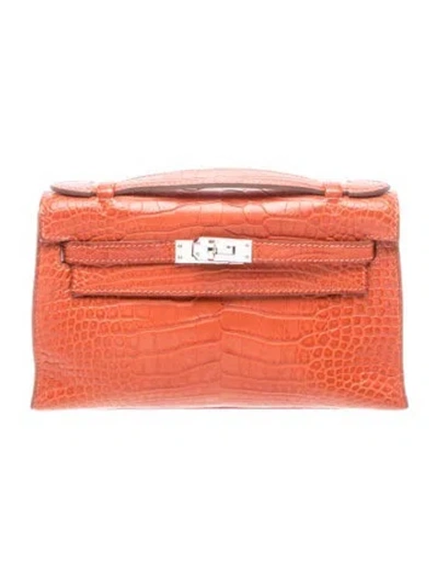 Pre-owned Hermes Matte Alligator Mississippiensis Kelly Pochette In Orange