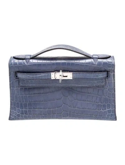 Pre-owned Hermes Matte Crocodile Kelly Pochette In Blue