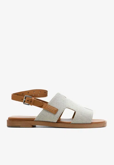 Hermes Maya Flat Sandals In Prunoir H Canvas And Naturel Canvas