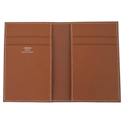 Pre-owned Hermes Mc2 Euclide Card Holder Gold Epsom Leather In Brown