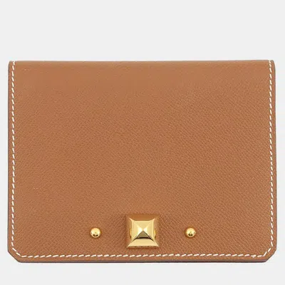 Pre-owned Hermes Medall Card Case Gold Veau Madame