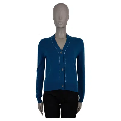 Pre-owned Hermes Medium Blue Cashmere Top Stitching Cardigan Sweater 34 Xxs