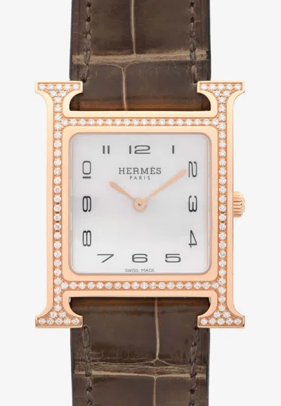 Pre-owned Hermes Medium Heure H 30mm Watch In Shiny Alligator Single Tour Strap With Diamond-set Rose Gold Case In Gris Elephant