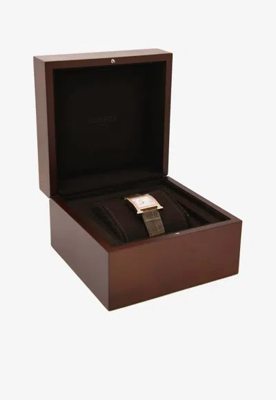 Hermes Medium Heure H 30mm Watch In Shiny Alligator Single Tour Strap With Diamond-set Rose Gold Case