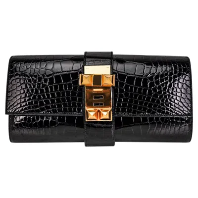 Pre-owned Hermes Medor 23 Clutch Bag Black Alligator Gold Hardware