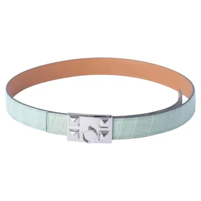 Pre-owned Hermes Hermès Médor Belt In Vert D'eau Matte Alligator With Palladium Hardware - '10s In Sand