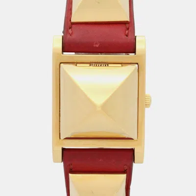 Pre-owned Hermes Medor Me1.201 White Yellow Gold Plated Stainless Steel Quartz Women's Watches 32x23mm