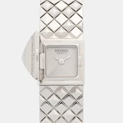 Pre-owned Hermes Medor Me7.192 Silver 18k White Gold Quartz Women Wristwatch 15mm