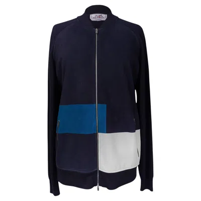 Pre-owned Hermes Men's Blouson Zippe Suede And Wool Jacket Marine L New In Black