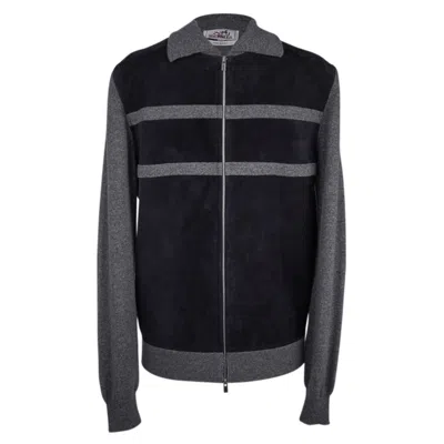 Pre-owned Hermes Men's Cardigan / Jacket Zip Bleu Marine Suede/ Gray Cashmere M New