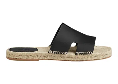 Pre-owned Hermes Men's  Antigua Espadrille Nior Calfskin Leather Sneakers In Noir/natural