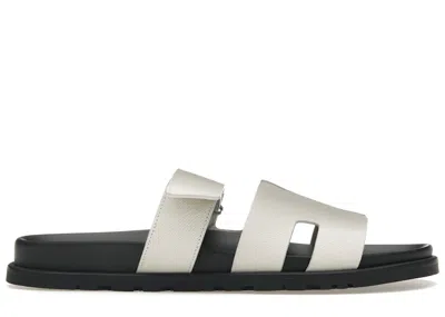 Pre-owned Hermes Men's  Chypre Sandal Blanc Epsom Leather Sneakers In White/black