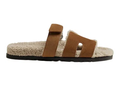 Pre-owned Hermes Men's  Chypre Sandal Brun Fume Suede Woolskin Sneakers In Brown/beige/black