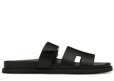 Pre-owned Hermes Men's  Chypre Sandal Noir Calfskin Leather Sneakers In Black
