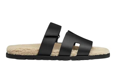 Pre-owned Hermes Men's  Chypre Sandal Noir Leather Woolskin Sneakers In Black/beige