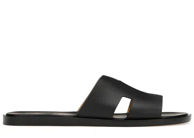 Pre-owned Hermes Men's  Izmir Sandal Noir Smooth Calfskin Leather Sneakers In Black