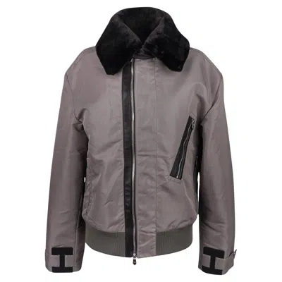 Pre-owned Hermes Men's Jacket Gray With Black Leather And Detachable Beaver Collar 48