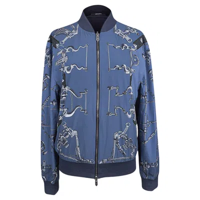 Pre-owned Hermes Men's Mors Et Gourmettes Soie Shirt Jacket Blue Reversible Windbreaker 50