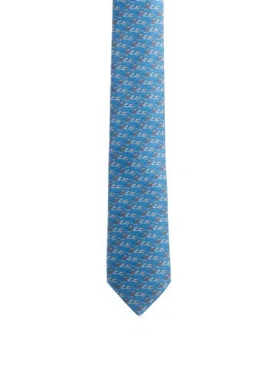 Pre-owned Hermes Mens Silk Tie W/tags In Blue