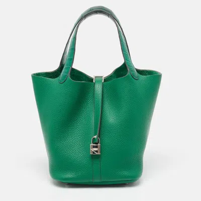 Pre-owned Hermes Menthe Taurillion Leather And Alligator Picotin Lock 22 Bag In Green