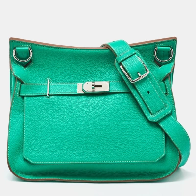 Pre-owned Hermes Hermès Menthe/gris Turillon Clemence Leather Palladium Finish Jypsiere 34 Bag In Green