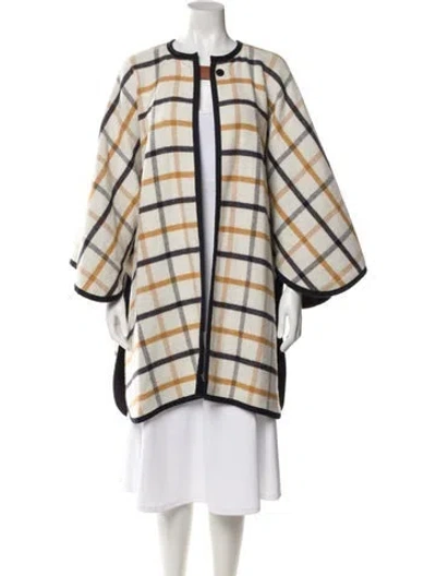 Pre-owned Hermes Merino Wool Plaid Print Coat In Neutral