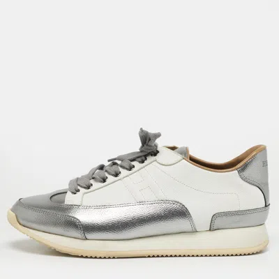 Pre-owned Hermes Metallic Silver/white Leather H Sneakers Size 40