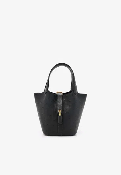 Hermes Micro Picotin Lock 14 In Caban Ostrich With Gold Hardware In Brown