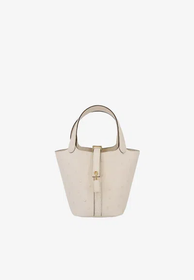 Hermes Micro Picotin Lock 14 In Nata Ostrich Leather With Gold Hardware In Neutral