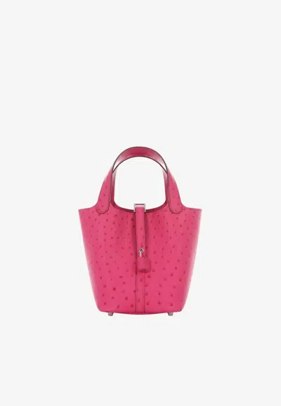Hermes Micro Picotin Lock 14 In Rose Pourpre Ostrich With Palladium Hardware