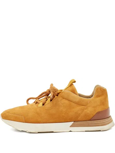 Pre-owned Hermes Miles Lace-up Suede Sneakers In Orange