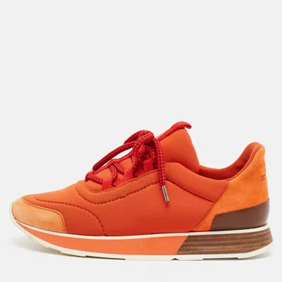 Pre-owned Hermes Miles Size 39 Orange Neoprene And Suede Lace Up Sneakers