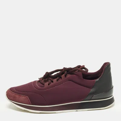 Pre-owned Hermes Miles Size 45 Tricolor Leather And Neoprene Lace Up Sneakers In Burgundy