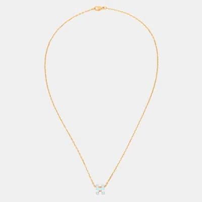 Pre-owned Hermes Hermès Mini Blue Polaire Pop H Enamel Gold Tone Pendant Necklace