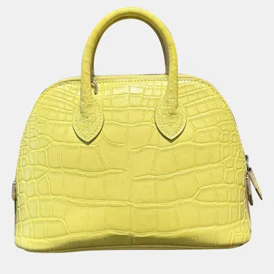 Pre-owned Hermes Mini Bolide 9r Lime Matte Crocodile Silver Hw Crocodile Card