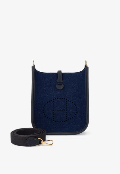 Hermes Mini Evelyne 16 In Bleu Nuit Felt And Caban Amazone Leather With Gold Hardware In Blue