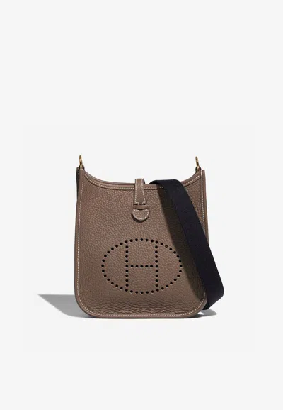 Hermes Mini Evelyne 16 In Etoupe Taurillon Clemence And Bleu Indigo Strap In Brown