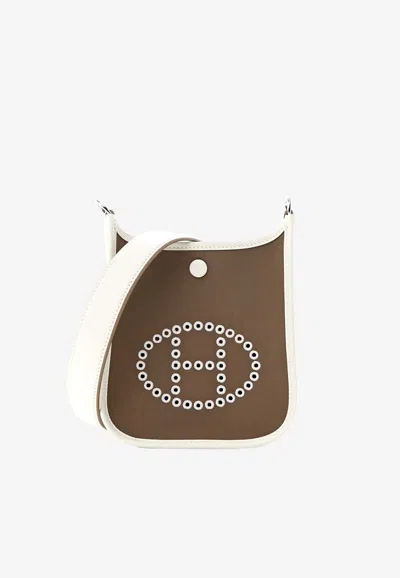 Pre-owned Hermes Mini Evelyne 16 Neo In Etoupe Toile And Swift Leather With Palladium Hardware In Brown
