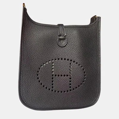 Pre-owned Hermes Mini Evelyne Black With Gold Hardware Bi-color Short Strap Tc Leather W Stamp