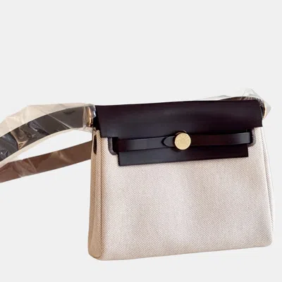 Pre-owned Hermes Mini Herbag Ebony Canvas Gold Hardware