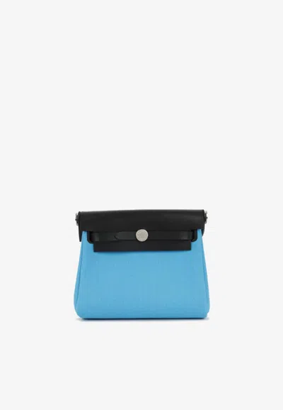 Hermes Mini Herbag Zip 20 In Bleu Riviera Toile And Noir Hunter Leather With Palladium Hardware In Blue