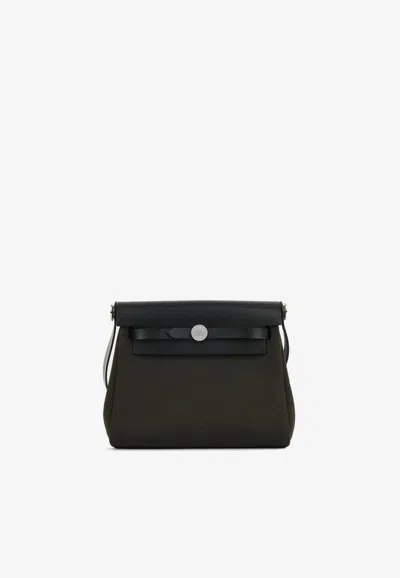Pre-owned Hermes Mini Herbag Zip 20 In Dark Bronze Canvas And Noir Hunter Leather With Palladium Hardware In Brown