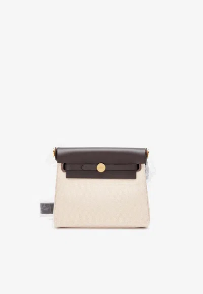 Hermes Mini Herbag Zip 20 In Ecru Toile And Ebene Hunter Leather With Gold Hardware In Sand