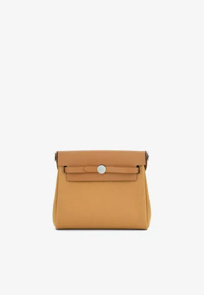 Hermes Mini Herbag Zip 20 In Naturel Sable Militaire Canvas And Hunter Leather With Palladium Hardware In Pink