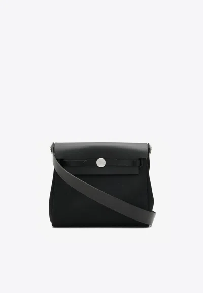 Pre-owned Hermes Mini Herbag Zip 20 Retourne In Black Militaire Canvas And Hunter Leather With Palladium Hardware